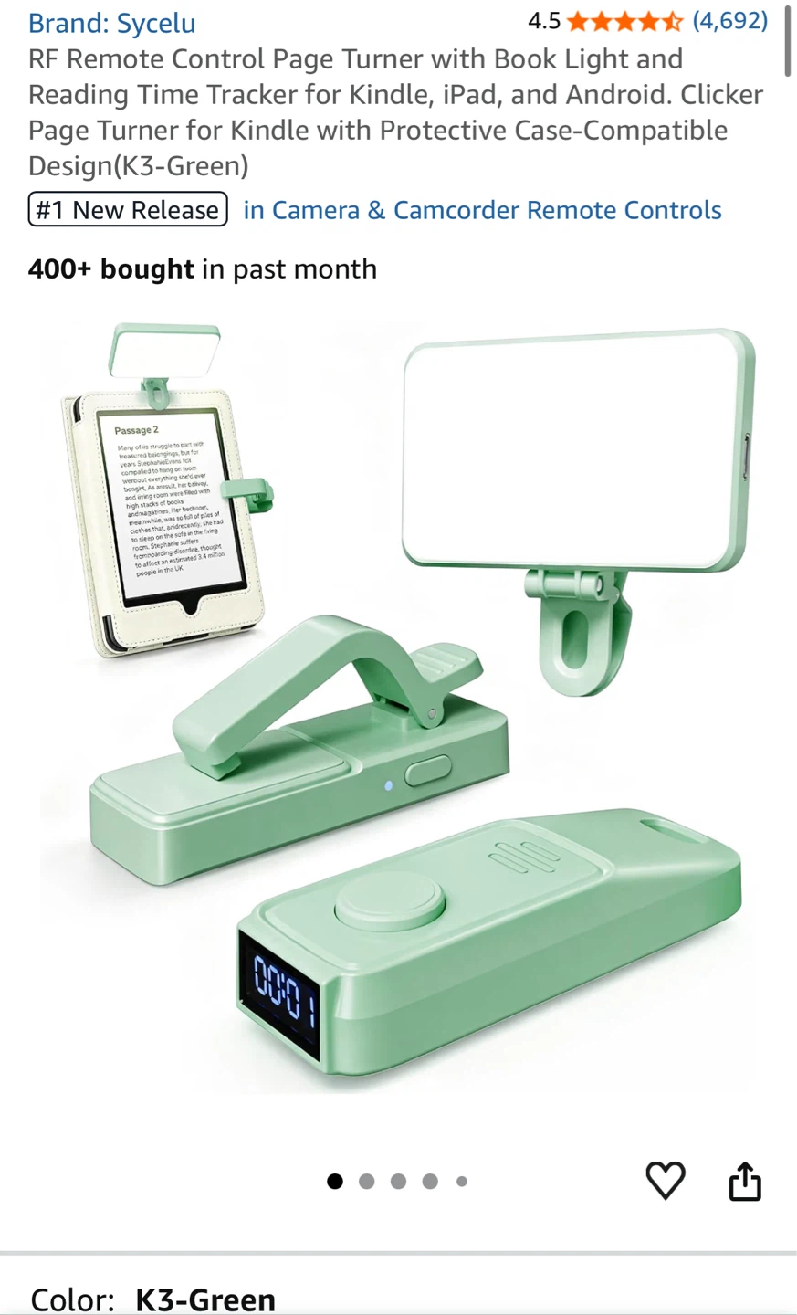 RF Remote Control Page Turner with Book Light (Green)