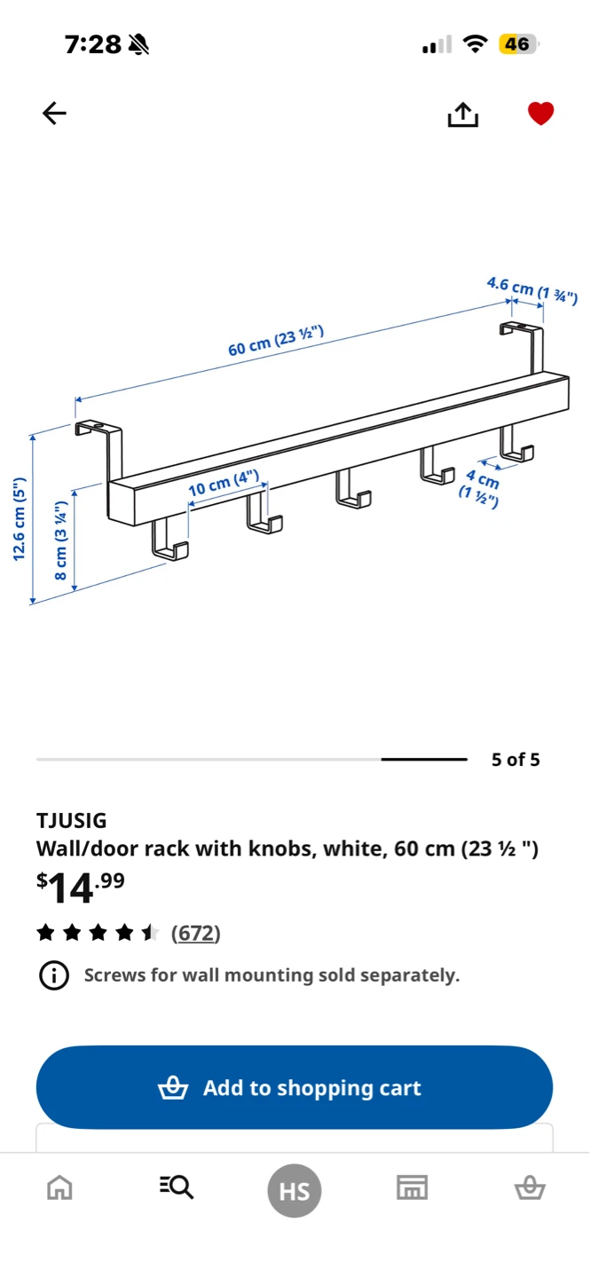 IKEA TJUSIG White Wall/Door Rack with Knobs - 60 cm - photo 3