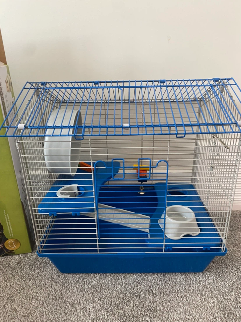 Blue Hamster Cage with Wheel and Accessories