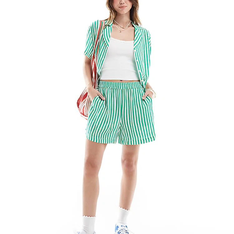 Green and White Striped Pajama Set - Size L