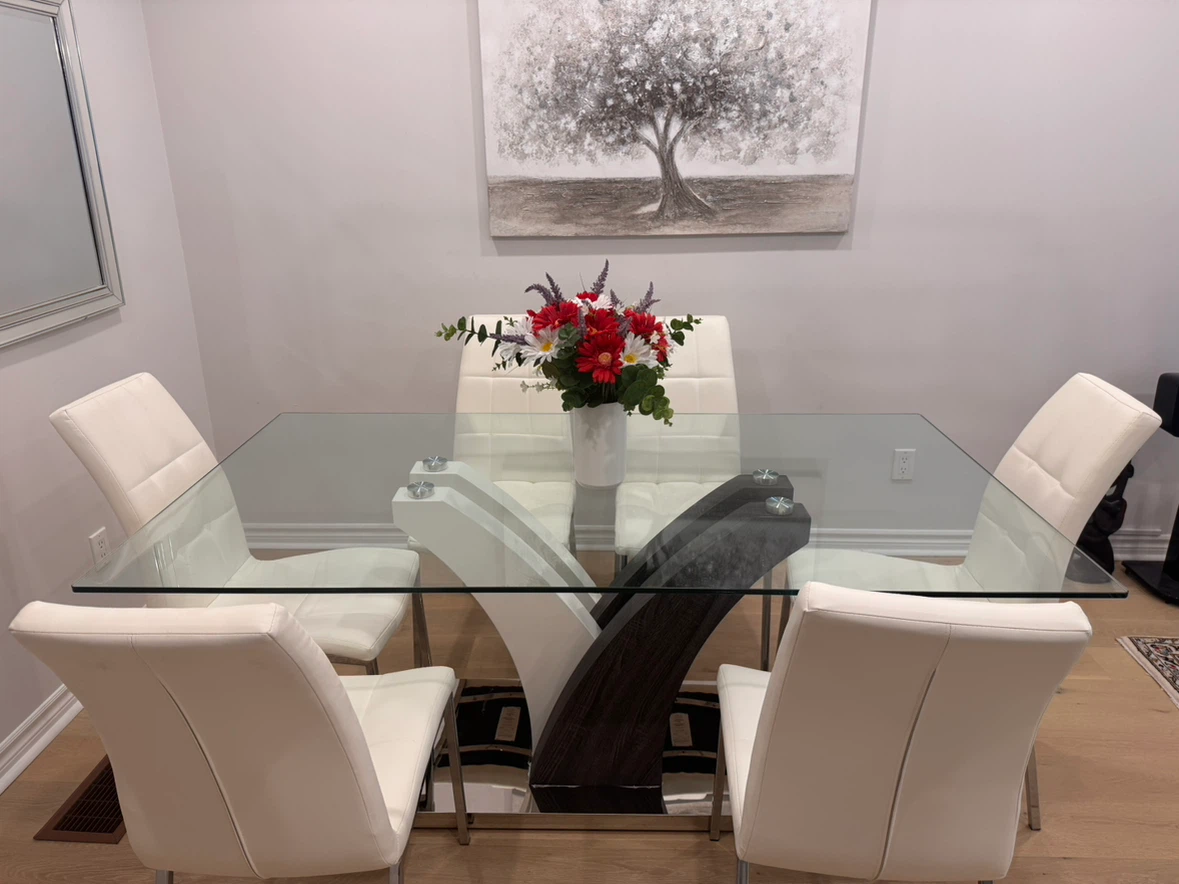 Modern Glass Dining Table Set with 6 White Chairs
