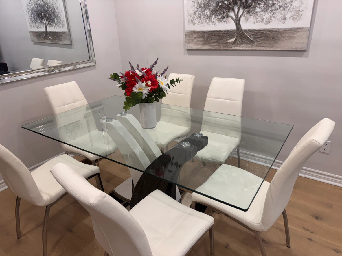 Modern Glass Dining Table Set with 6 White Chairs - photo 2