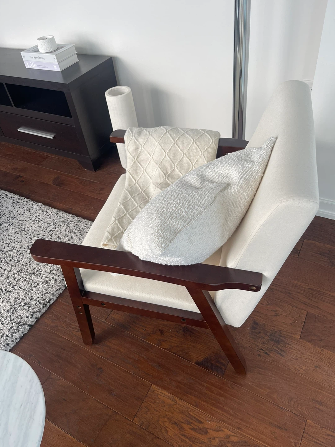 Cream Upholstered Armchair with Dark Wood Frame - photo 2