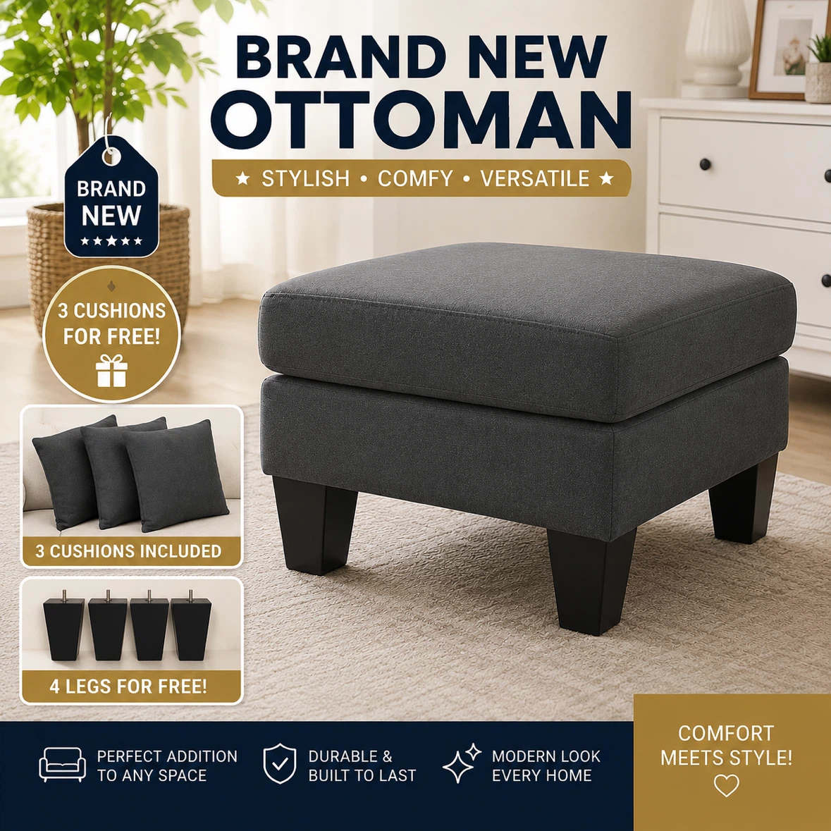 Brand New Ottoman with 3 free cushions