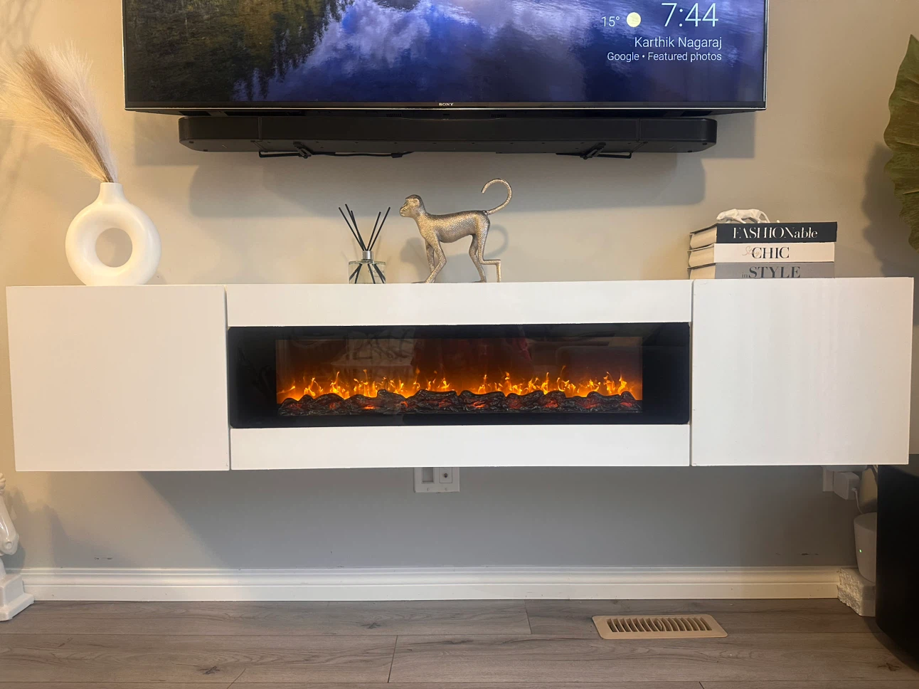 70” Floating TV Stand with Electric Fireplace - Brand New