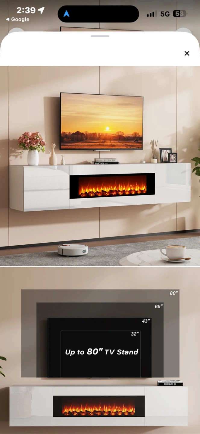 70” Floating TV Stand with Electric Fireplace - Brand New - photo 3