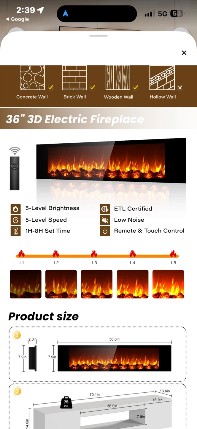 70” Floating TV Stand with Electric Fireplace - Brand New - photo 4