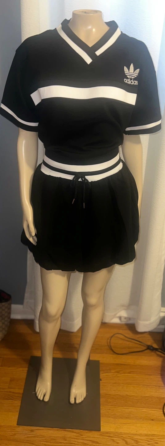 Adidas Black and White Striped V-Neck Top and Skirt Set