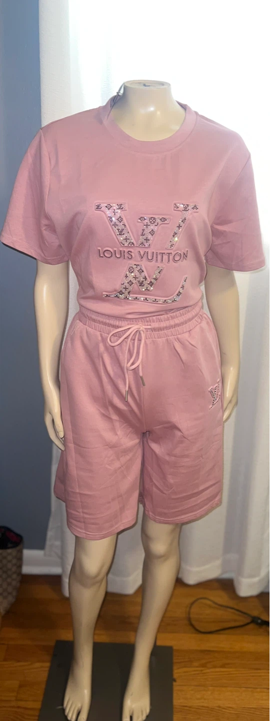 Pink Louis Vuitton Logo Tee and Shorts Set