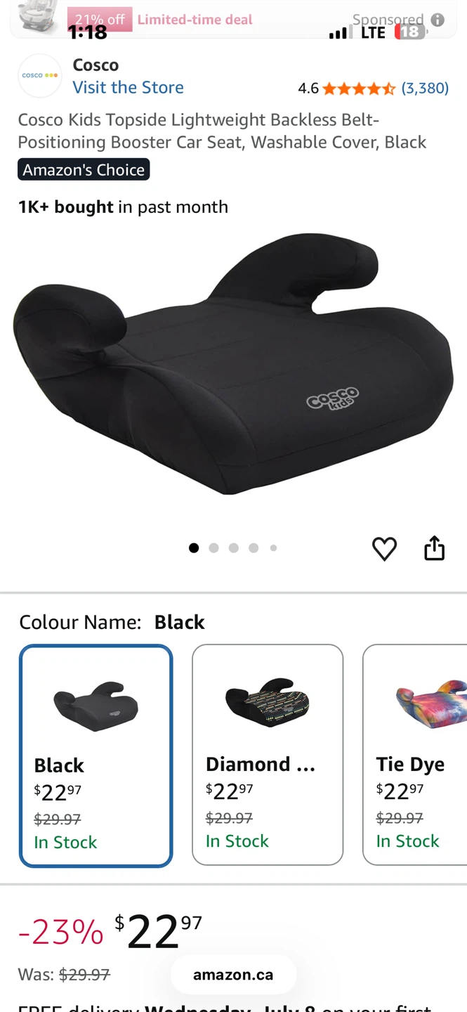🚗 Brand New Cosco Kids Backless Booster Car Seat – Black