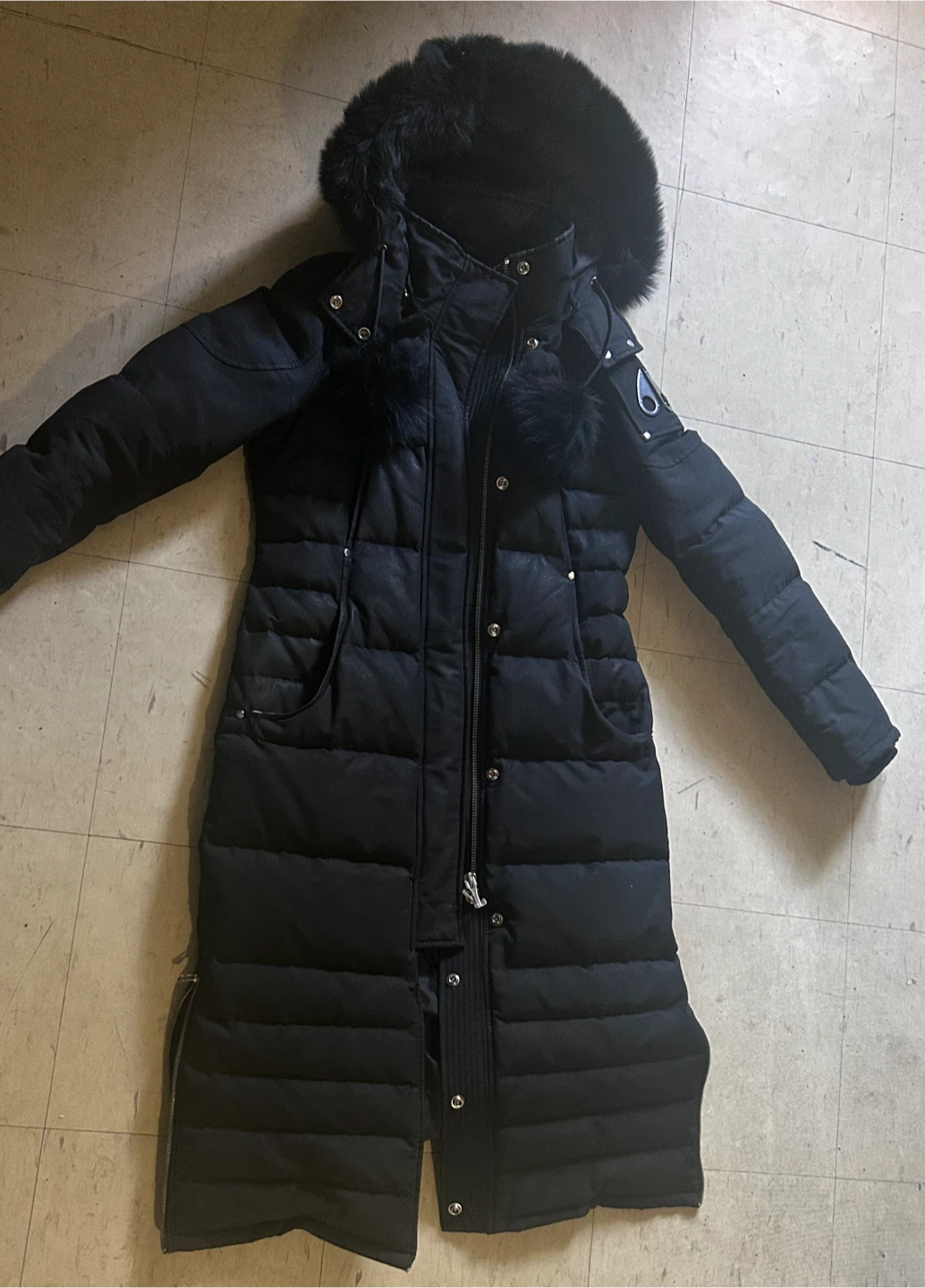 Moose Knuckles Black Puffer Coat with Fur Hood