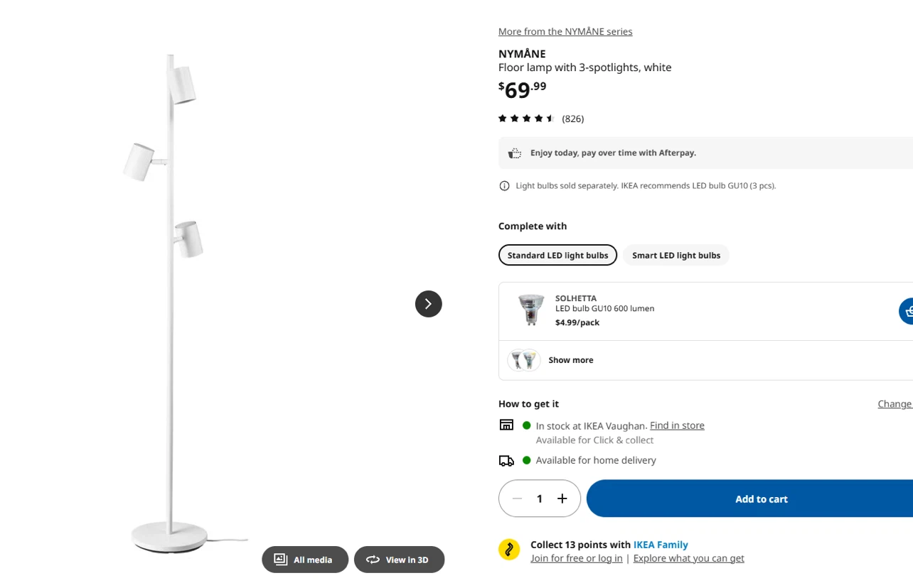 IKEA NYMÅNE Floor Lamp with 3 Spotlights - White