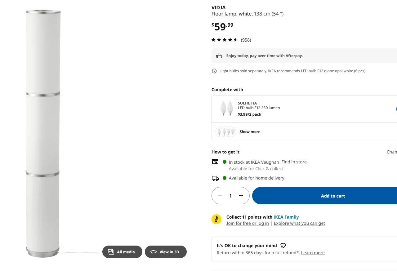 IKEA VIDJA Floor Lamp - White, 138 cm