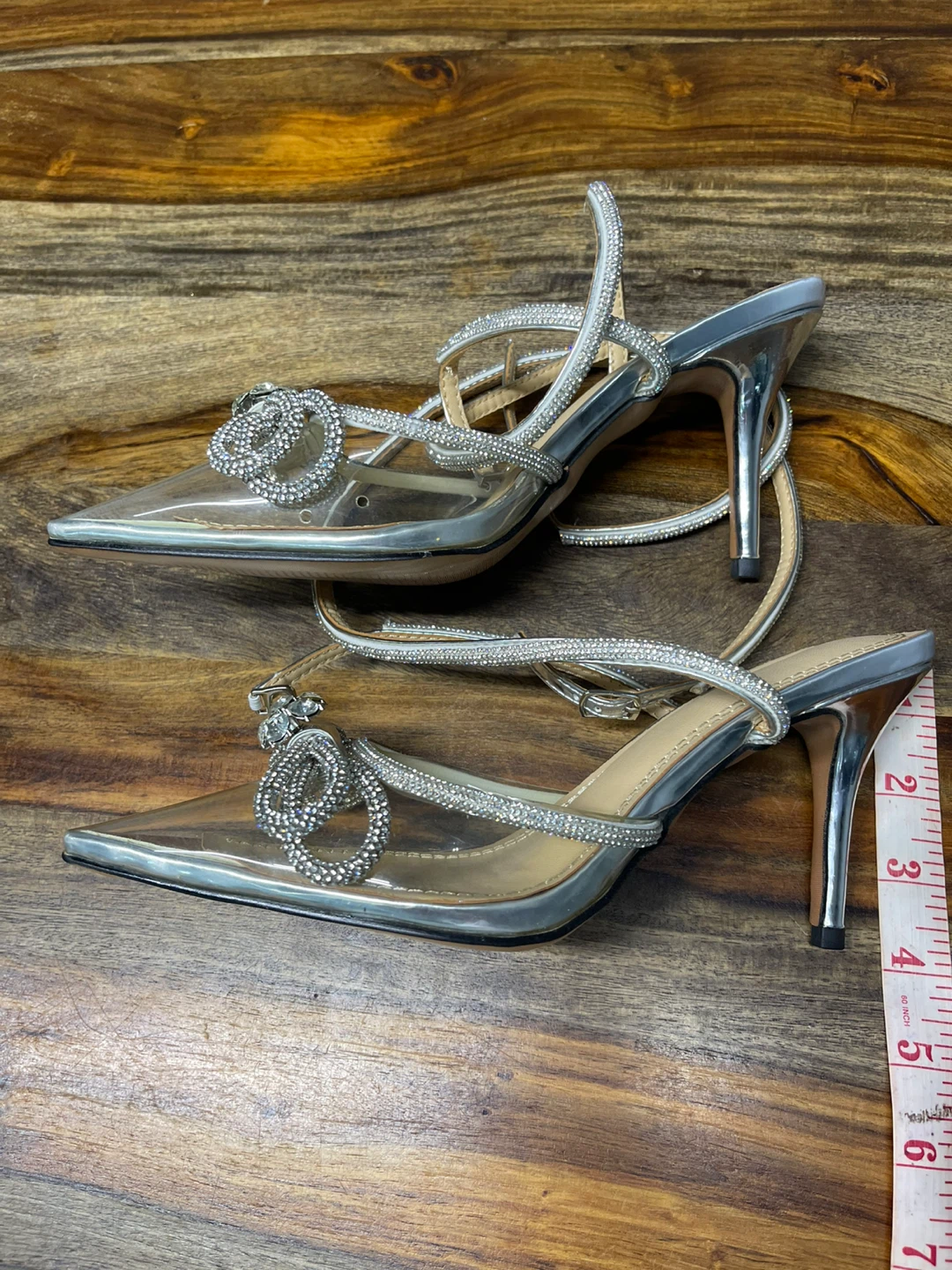Size 38 Women's Silver Rhinestone Bow Clear Heels - photo 2