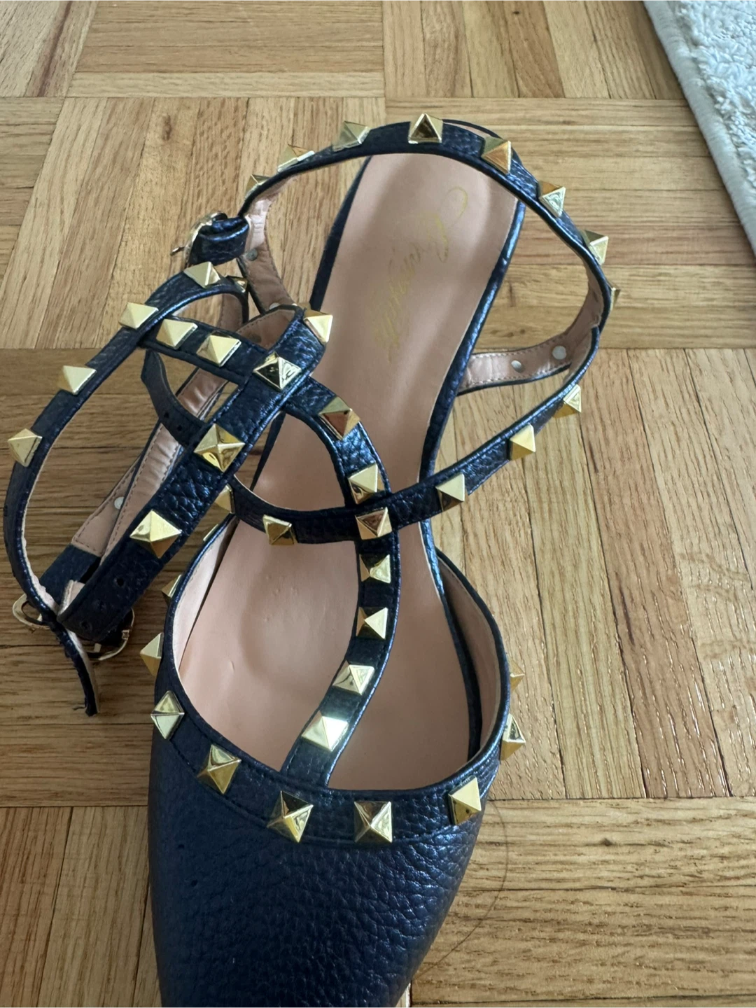 Black Studded Ballet Flats with Ankle Strap