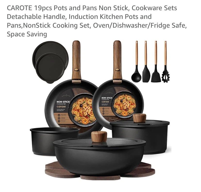 New CAROTE 19pcs Pots and Pans Non Stick Cookware Set