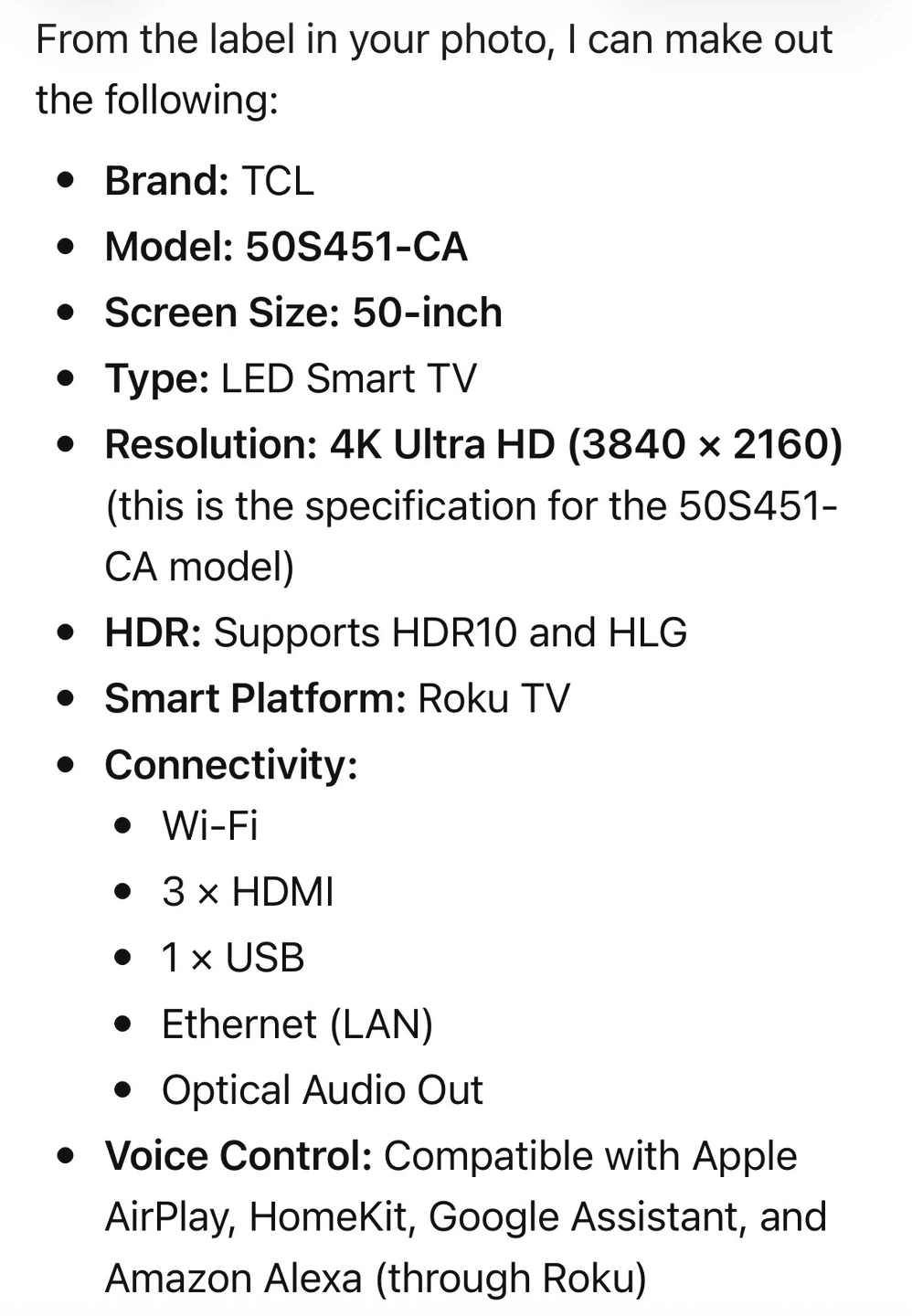 TCL 50” 4K Roku Smart TV (Model 50S451-CA) - photo 2