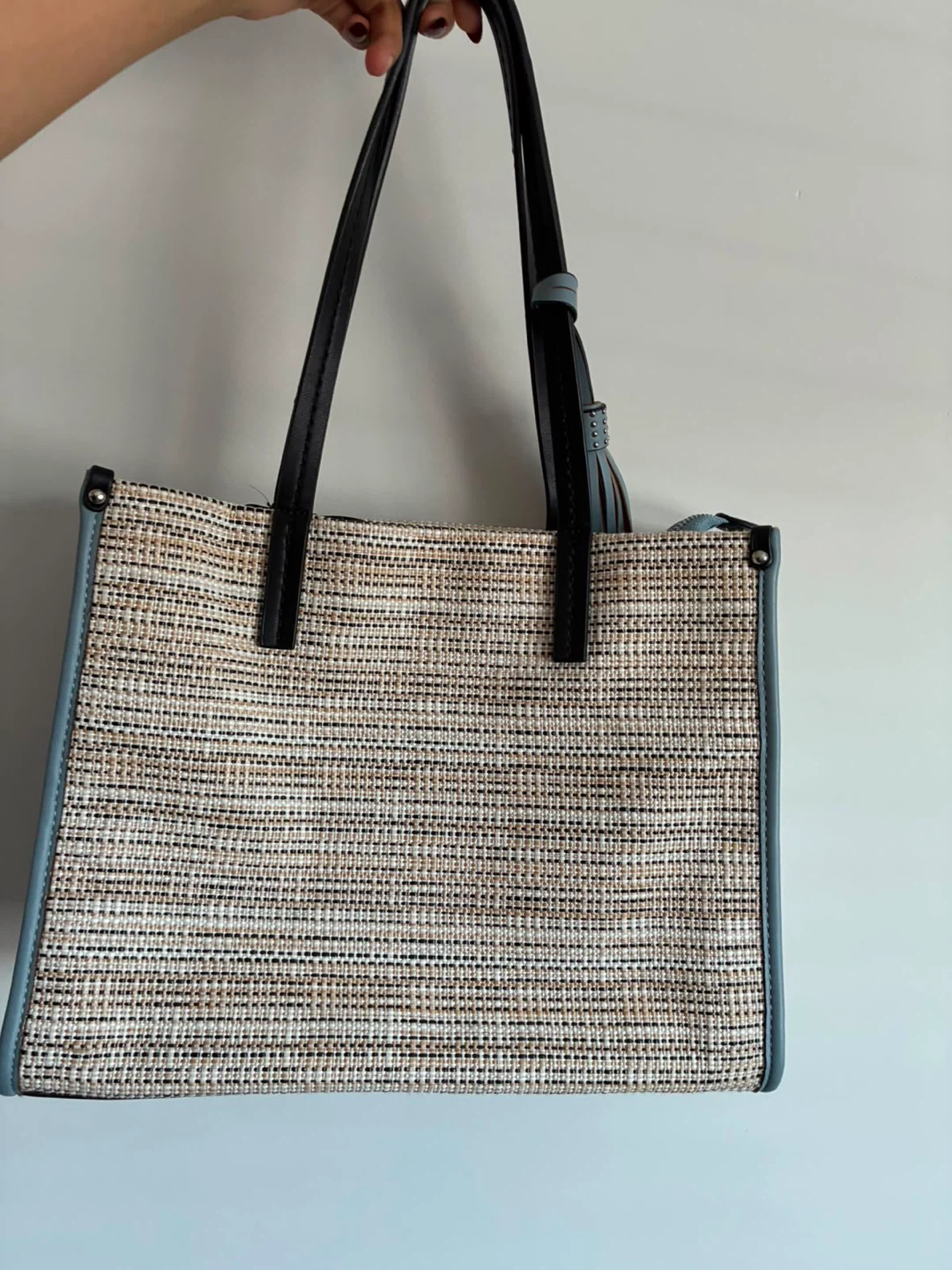 Woven Tote Bag with Faux Leather Straps