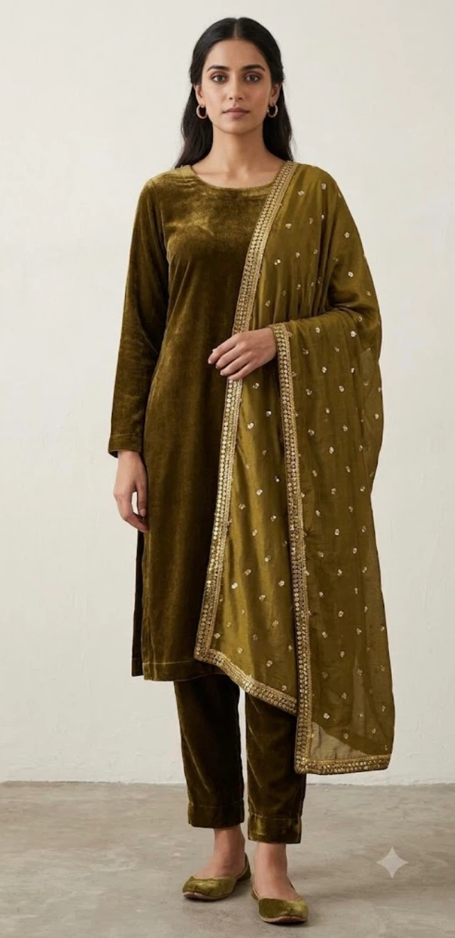 Olive Green Velvet Kurta with Dupatta and Pants Set