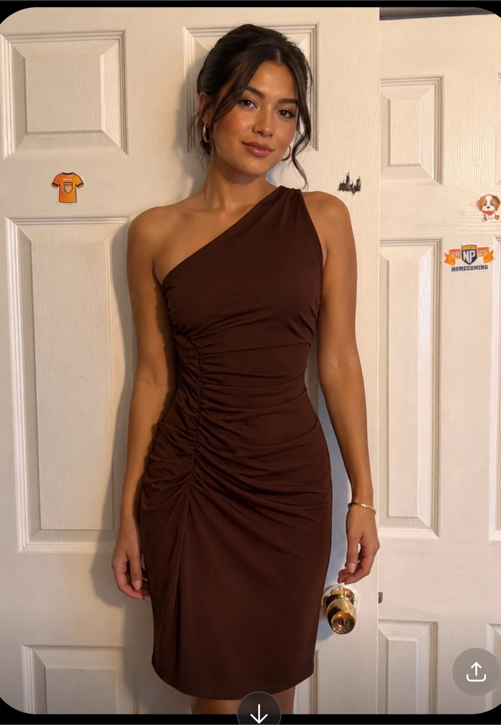 Brown One Shoulder Ruched Dress