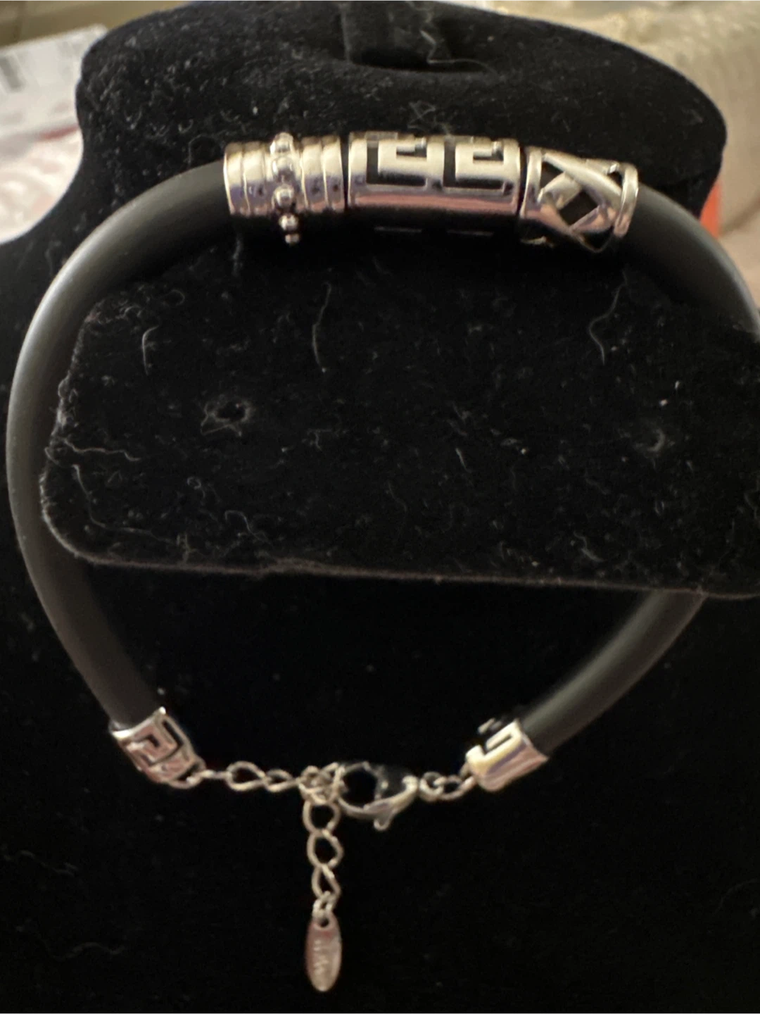 Black Silicone Bracelet with Silver Greek Key Accent