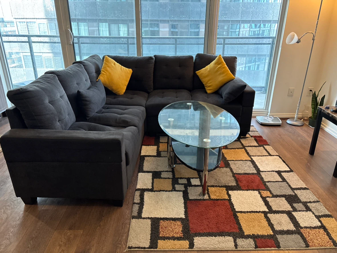 Modern Dark Grey Sofa Set + Glass Centre Table