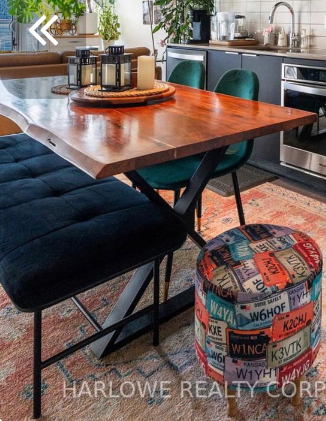 Solid Wood Dining Table with Metal Legs, 2 chairs, and bench