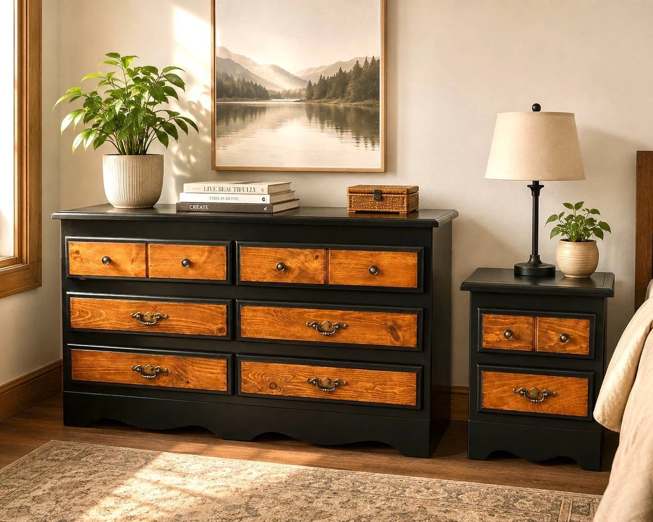 Black Dresser with Wood Drawer Fronts