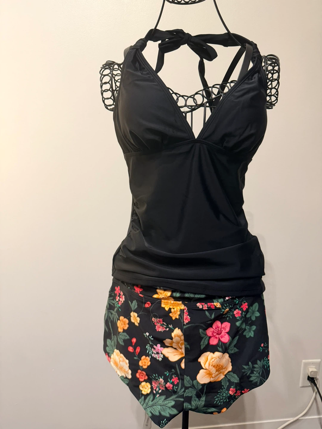 Black Tankini Swimsuit with Floral Skirt - Size S