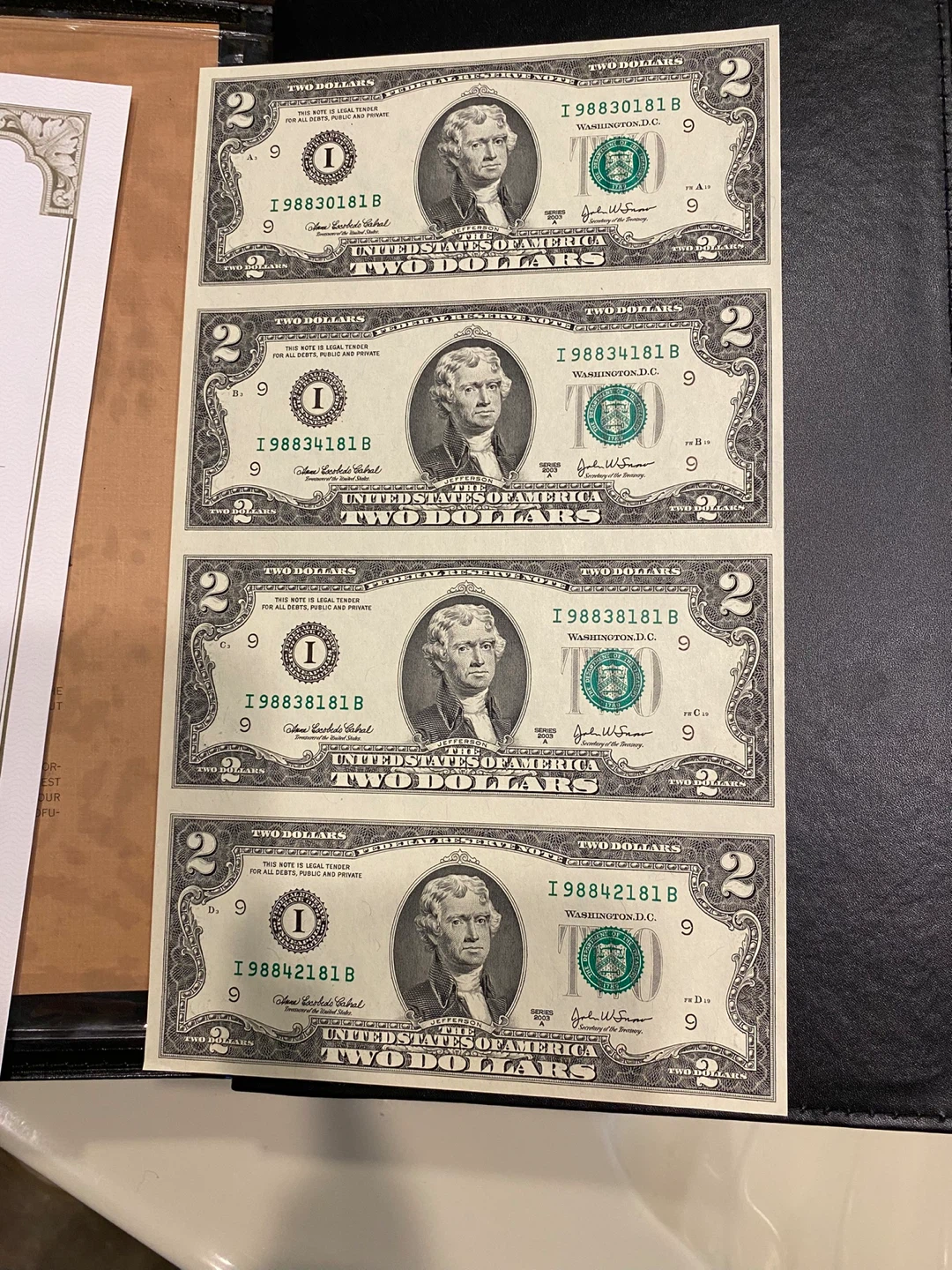 World Reserve Monetary Exchange Uncut Sheet of $2 Bills