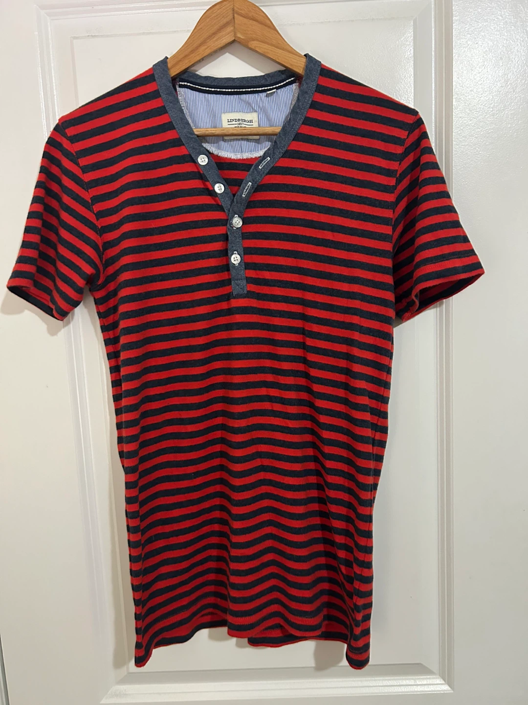 Urban-Tribe Striped Henley Shirt - Red/Navy