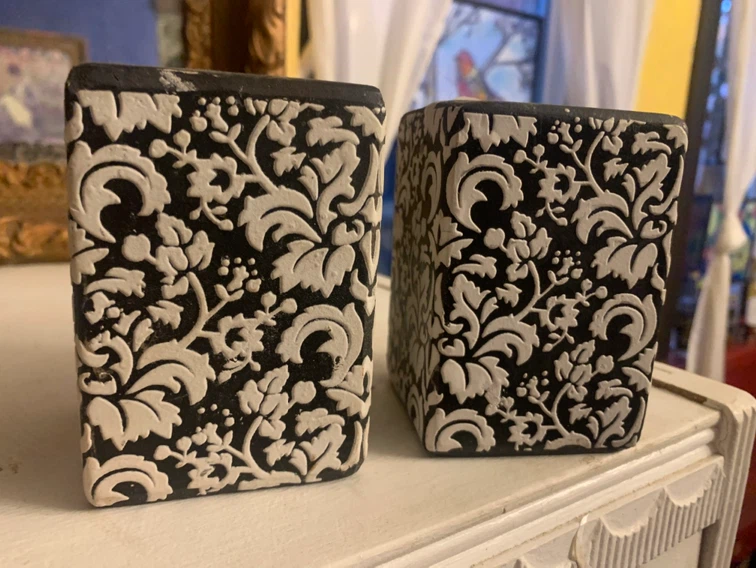 Set of 2 Black and White Floral Candlesticks