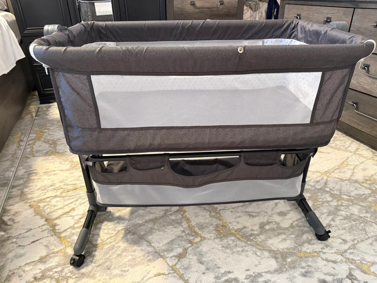 Dark gray crib, 3in1 with mesh sides