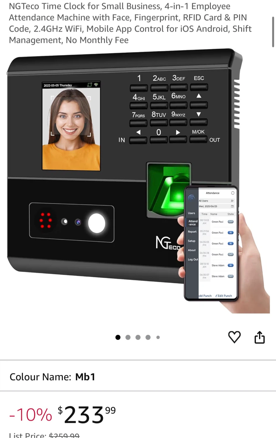 NGTeco Time Clock with Face, Fingerprint, RFID & PIN Code