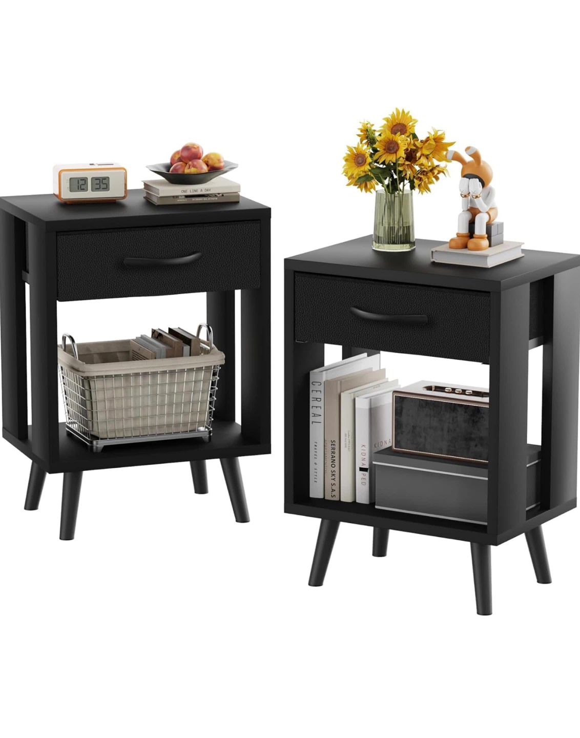 Set of 2 Black Nightstand with Drawer and Shelf