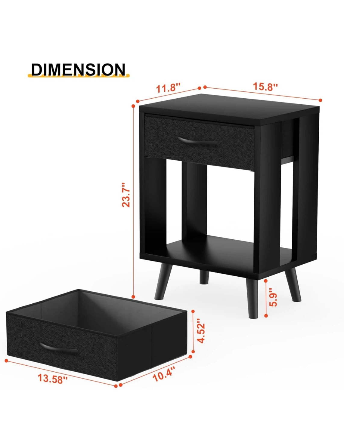 Set of 2 Black Nightstand with Drawer and Shelf - photo 2