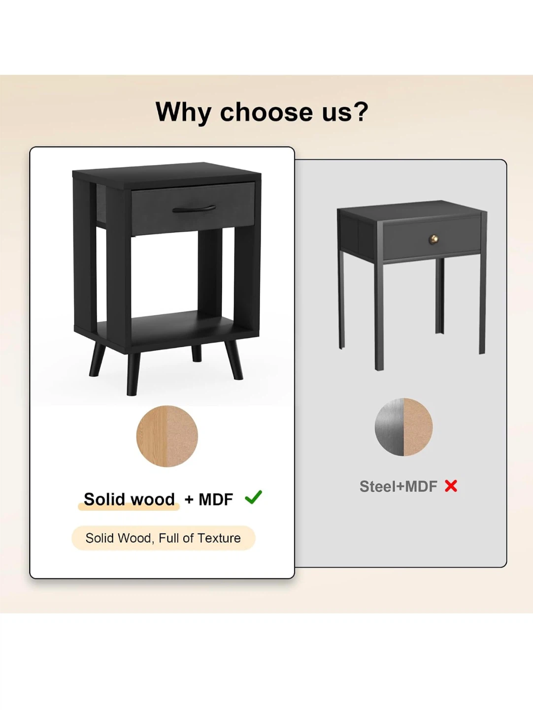 Set of 2 Black Nightstand with Drawer and Shelf - photo 3