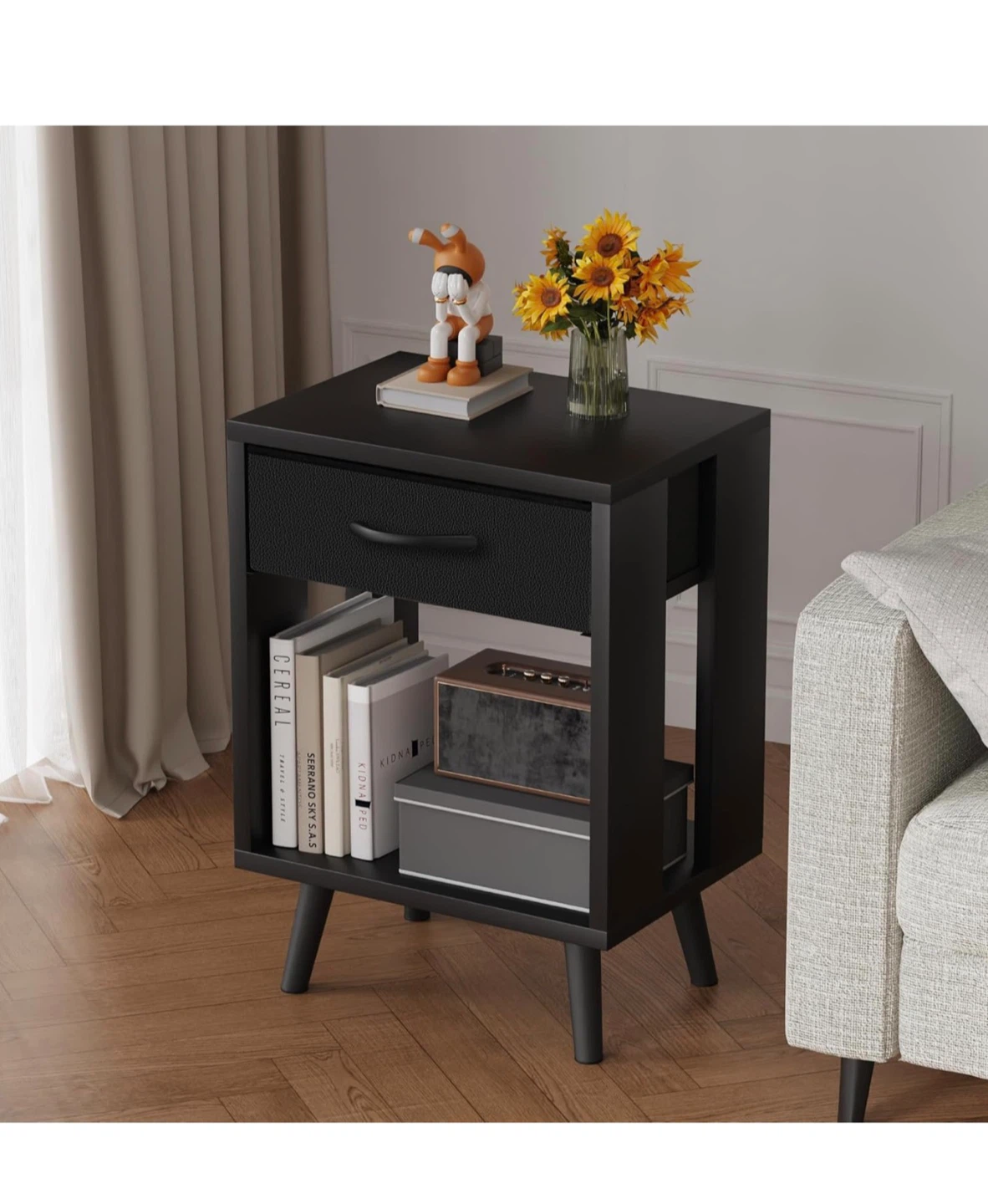 Set of 2 Black Nightstand with Drawer and Shelf - photo 4