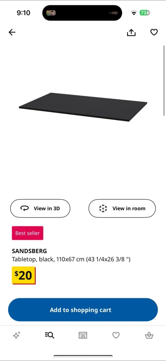 IKEA SANDSBERG Tabletop, Black, 110x67 cm