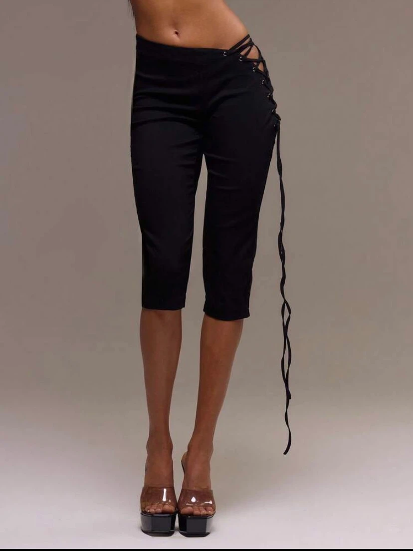 Black Lace-Up Capri Pants