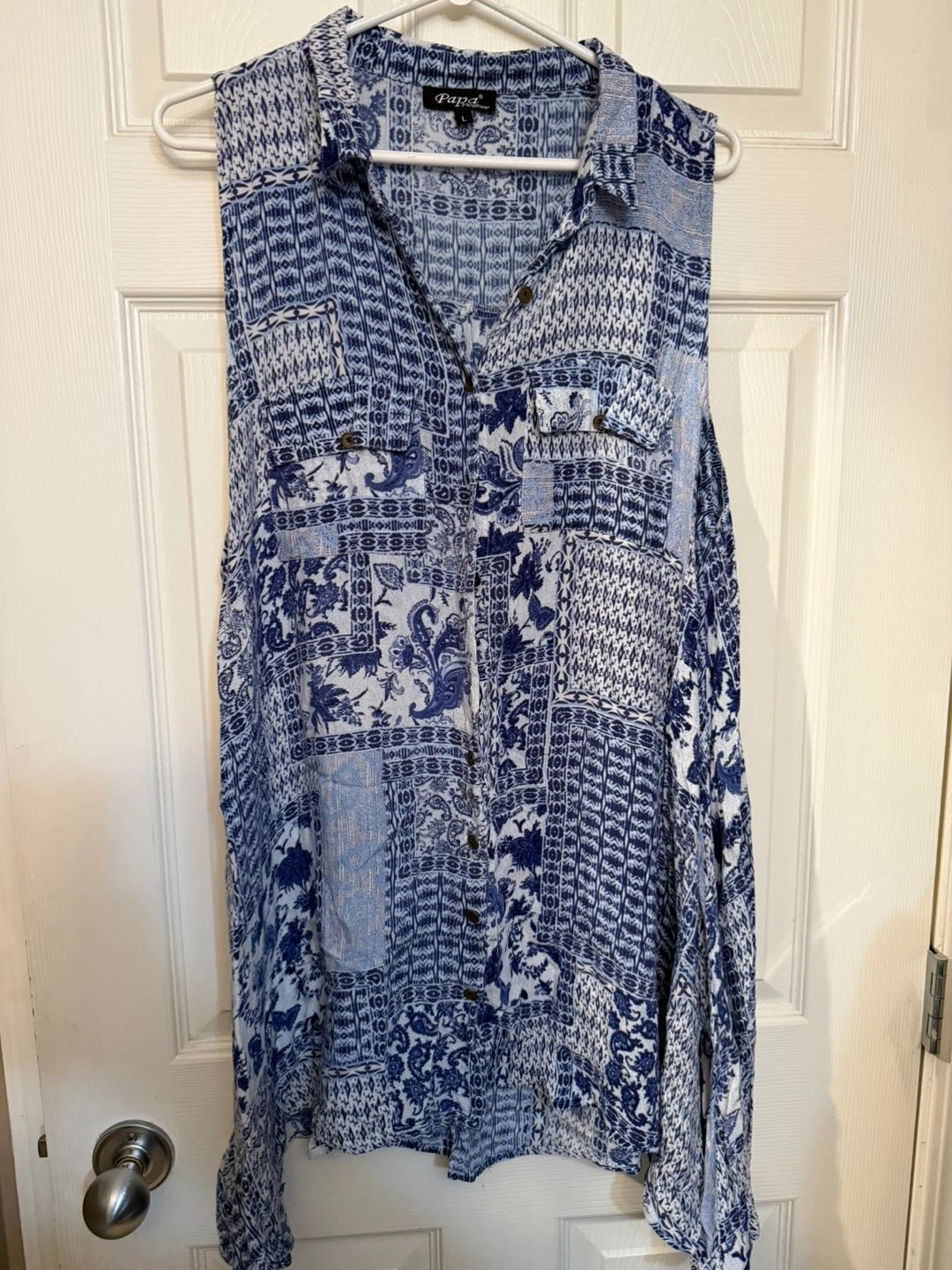 Pink Rose Sleeveless Blouse Blue Print Size Medium