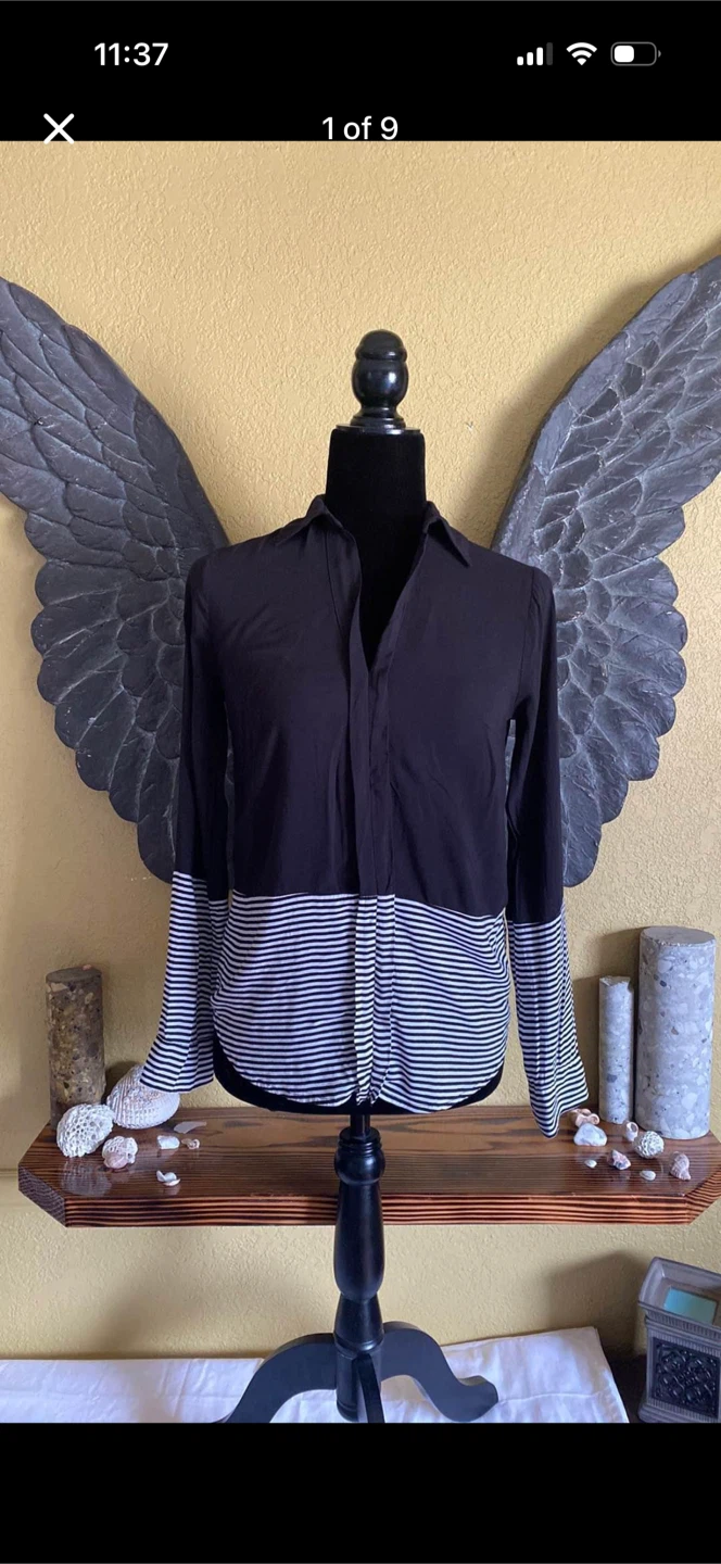Splendid Black And White Striped V-neck Shirt Top Blouse