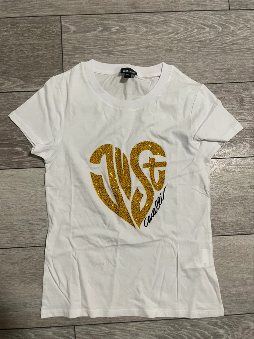 Just Cavalli White T-Shirt with Gold Glitter Heart Logo XXS - photo 2