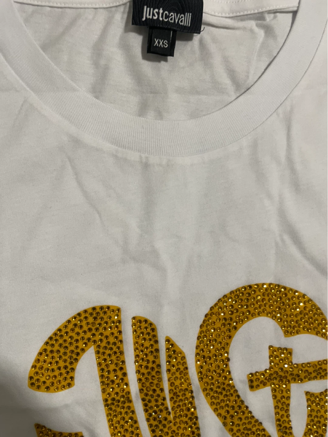 Just Cavalli White T-Shirt with Gold Glitter Heart Logo XXS