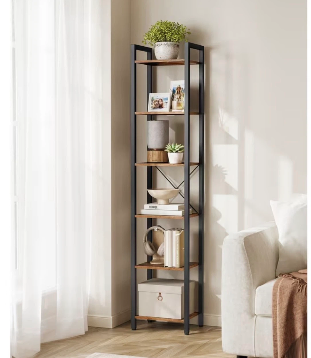 Tall Industrial 6-Tier Bookshelf