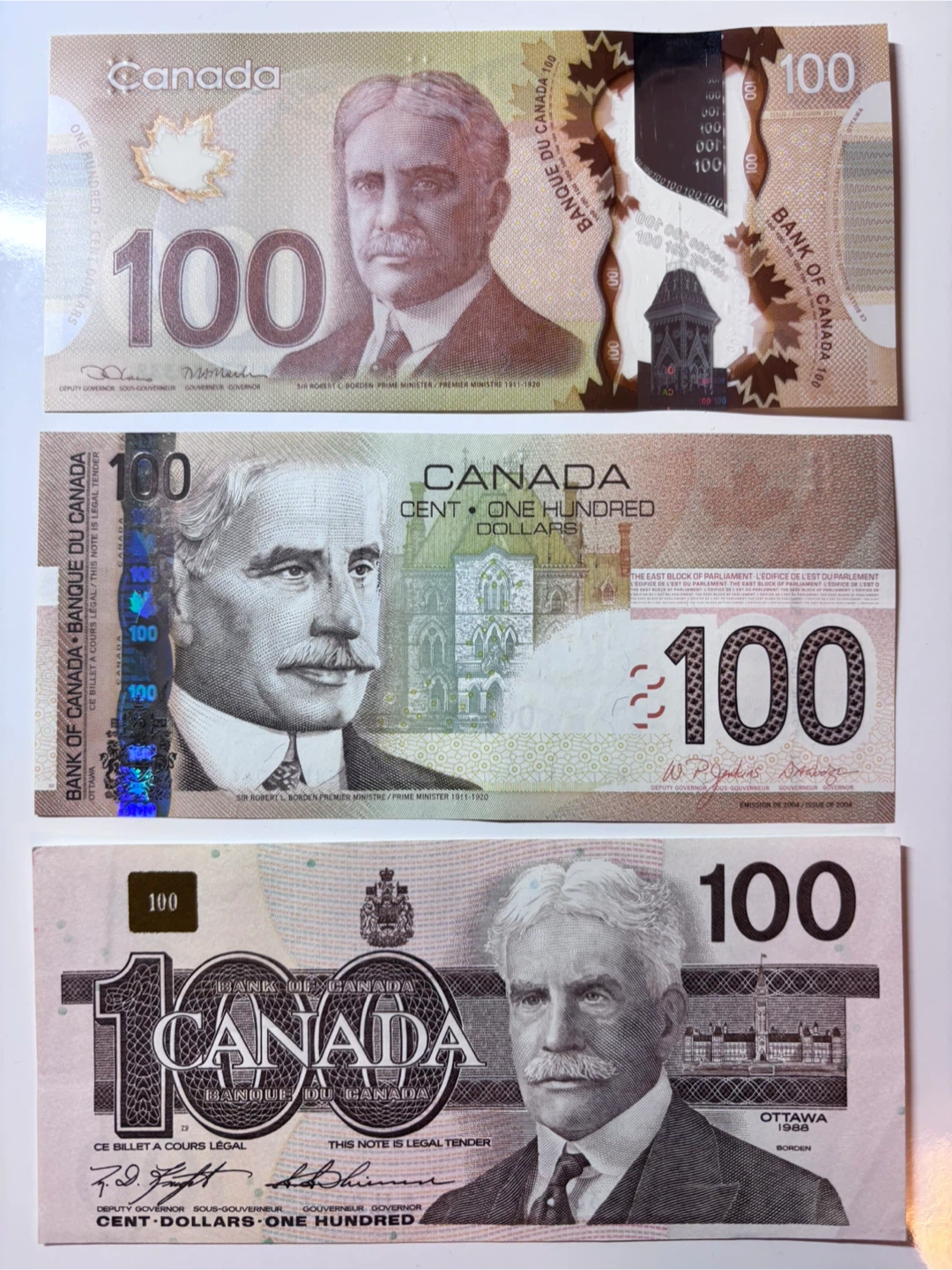 Canadian $100 Dollar Bills (x3) Banknotes