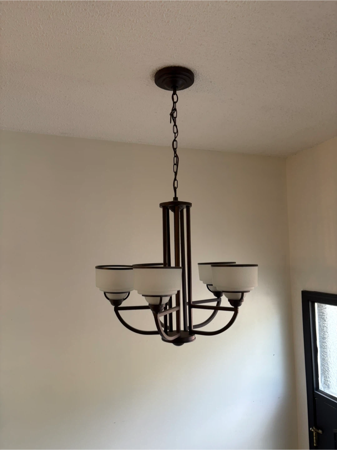 Dark Bronze Chandelier with 5 Frosted Glass Shades
