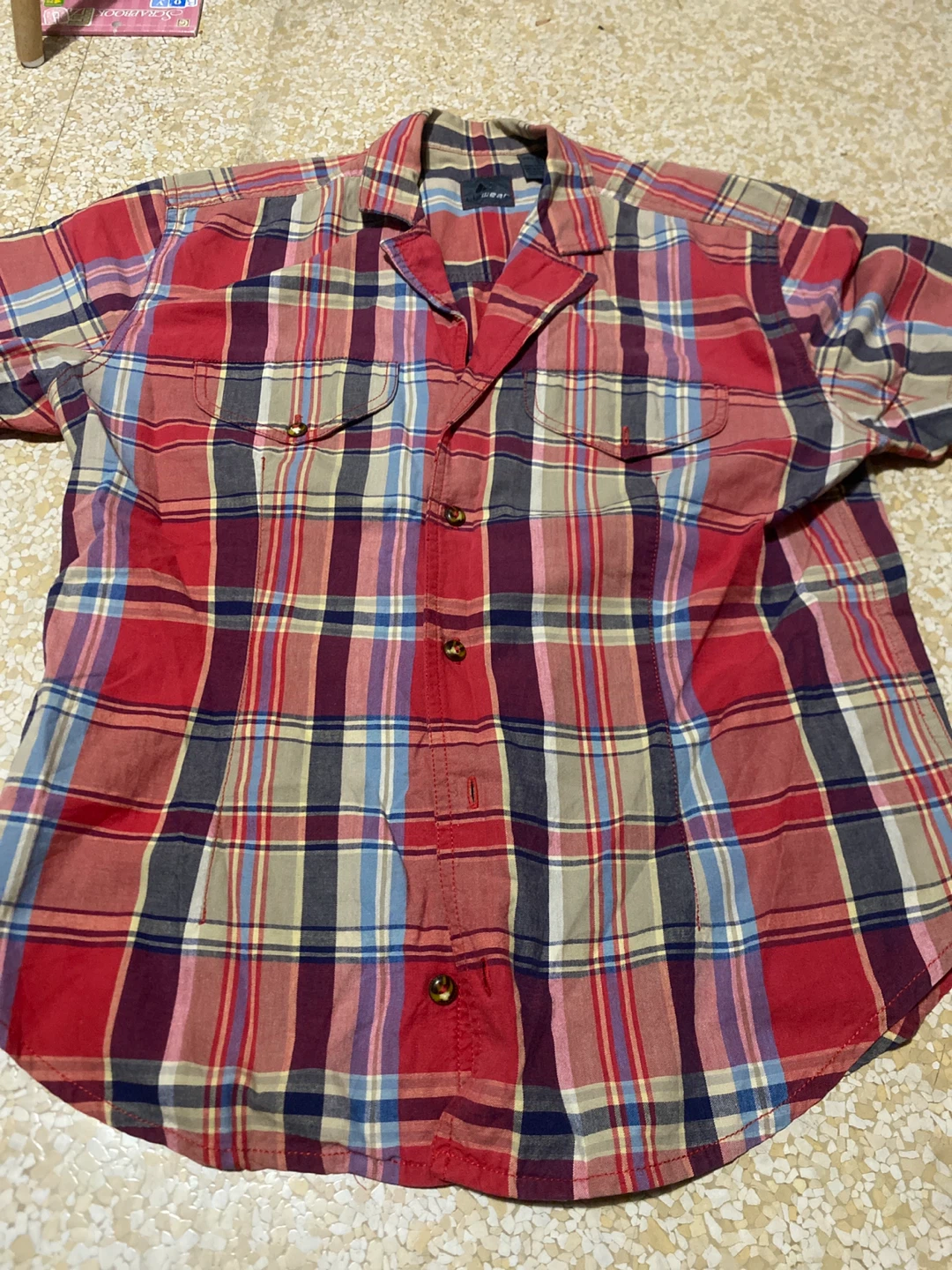 Red Plaid Short-Sleeve Button-Up Shirt