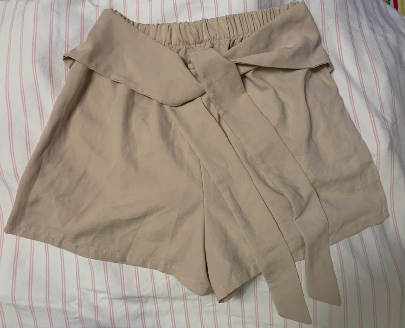 Beige Paperbag Waist Shorts