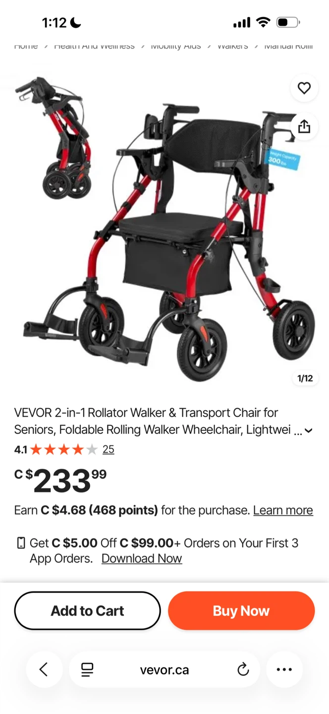 VEVOR 2-in-1 Rollator Walker & Transport Chair